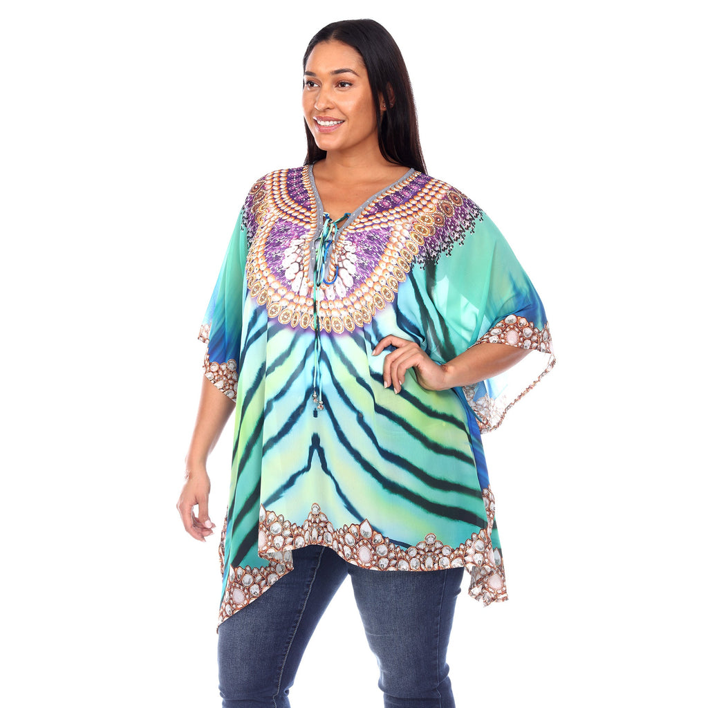 White Mark Women's Short Caftan with Tie-up Neckline - Plus (7 Colors Available)