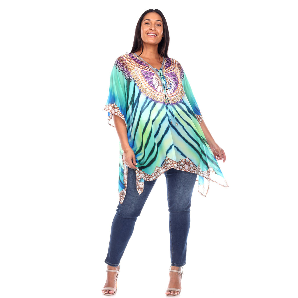 White Mark Women's Short Caftan with Tie-up Neckline - Plus (7 Colors Available)