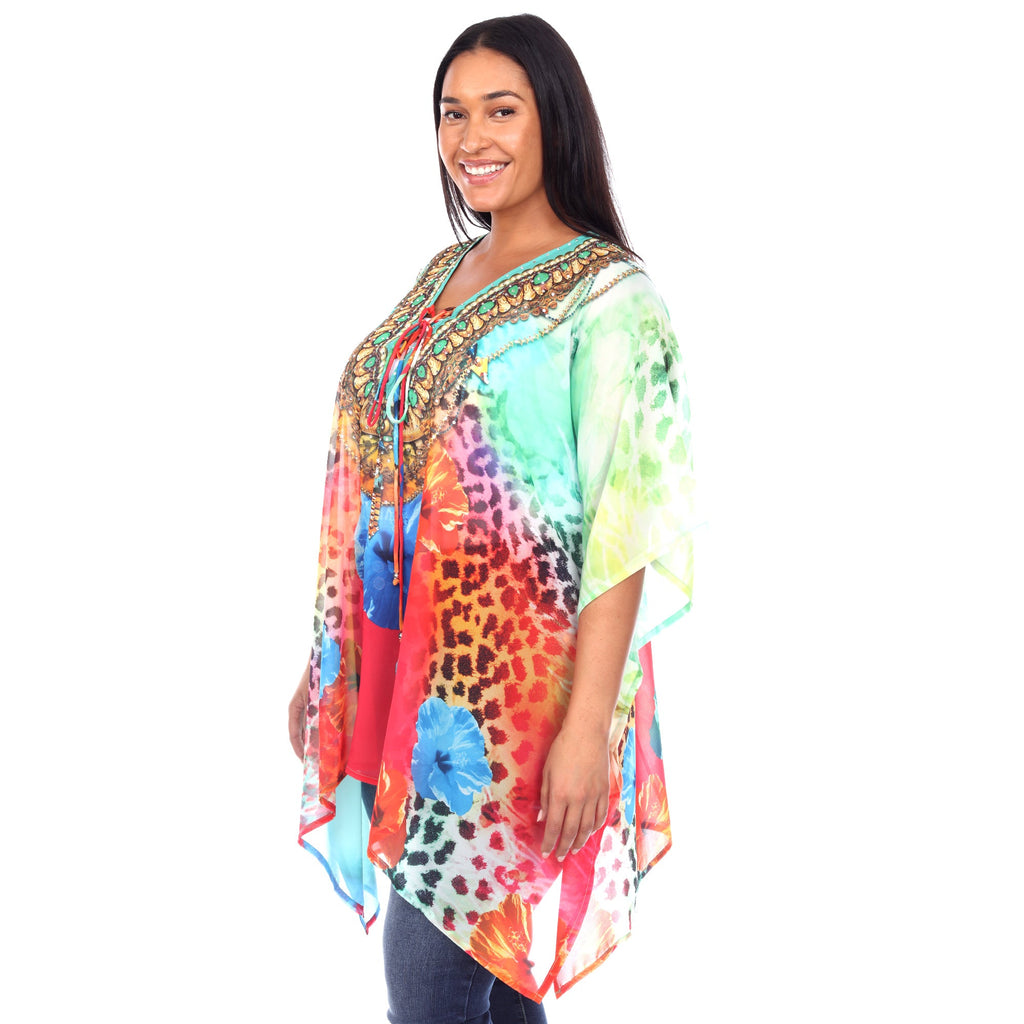 White Mark Women's Short Caftan with Tie-up Neckline - Plus (7 Colors Available)