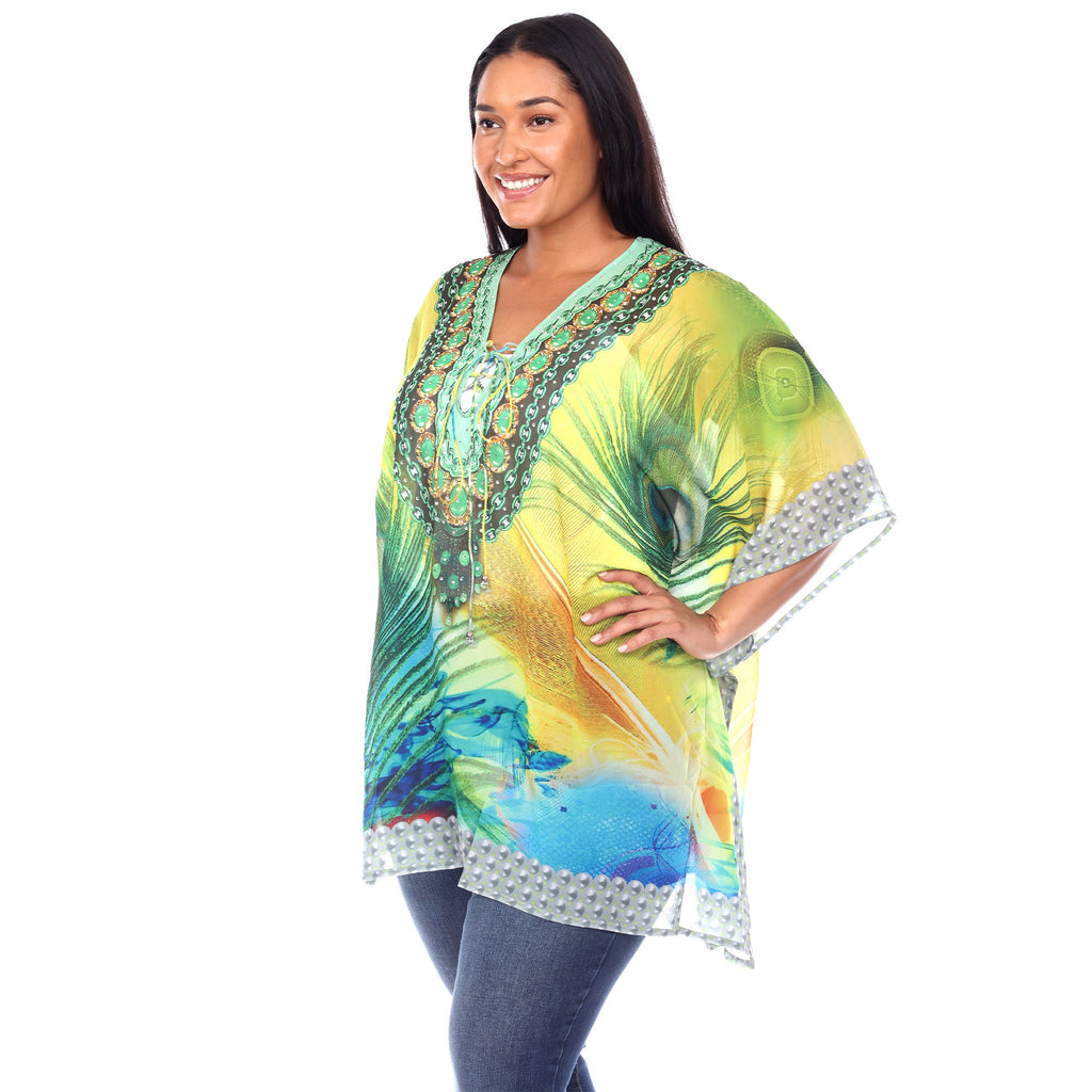 White Mark Women's Short Caftan with Tie-up Neckline - Plus (7 Colors Available)