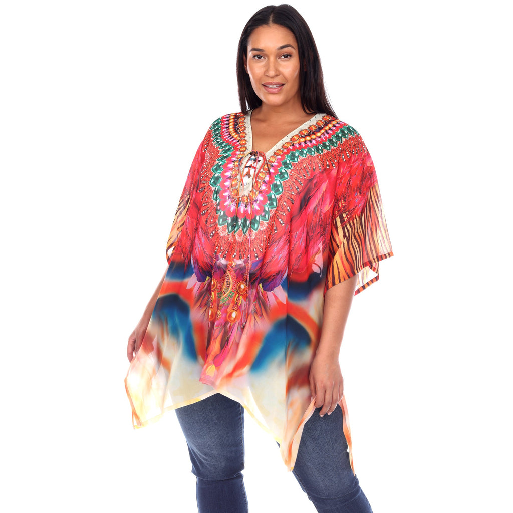 White Mark Women's Short Caftan with Tie-up Neckline - Plus (7 Colors Available)