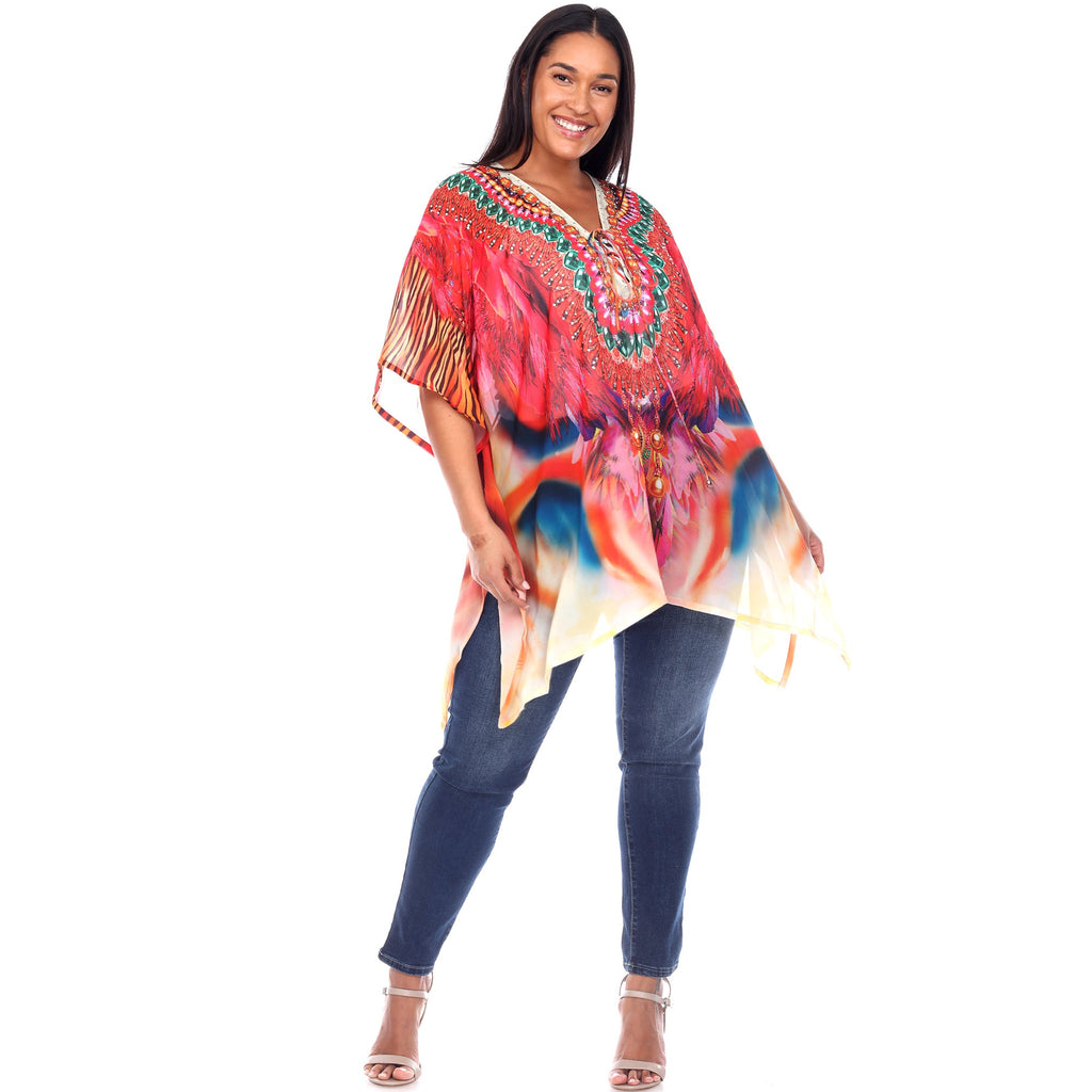 White Mark Women's Short Caftan with Tie-up Neckline - Plus (7 Colors Available)