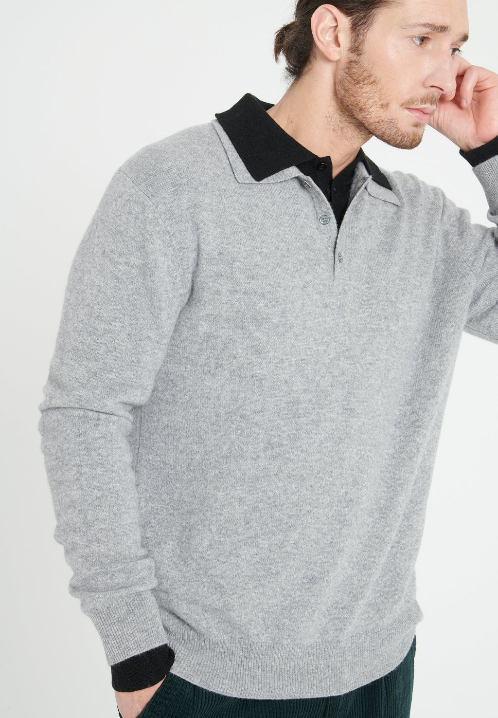 LUKE 5 Long-sleeved polo shirt in light grey cashmere