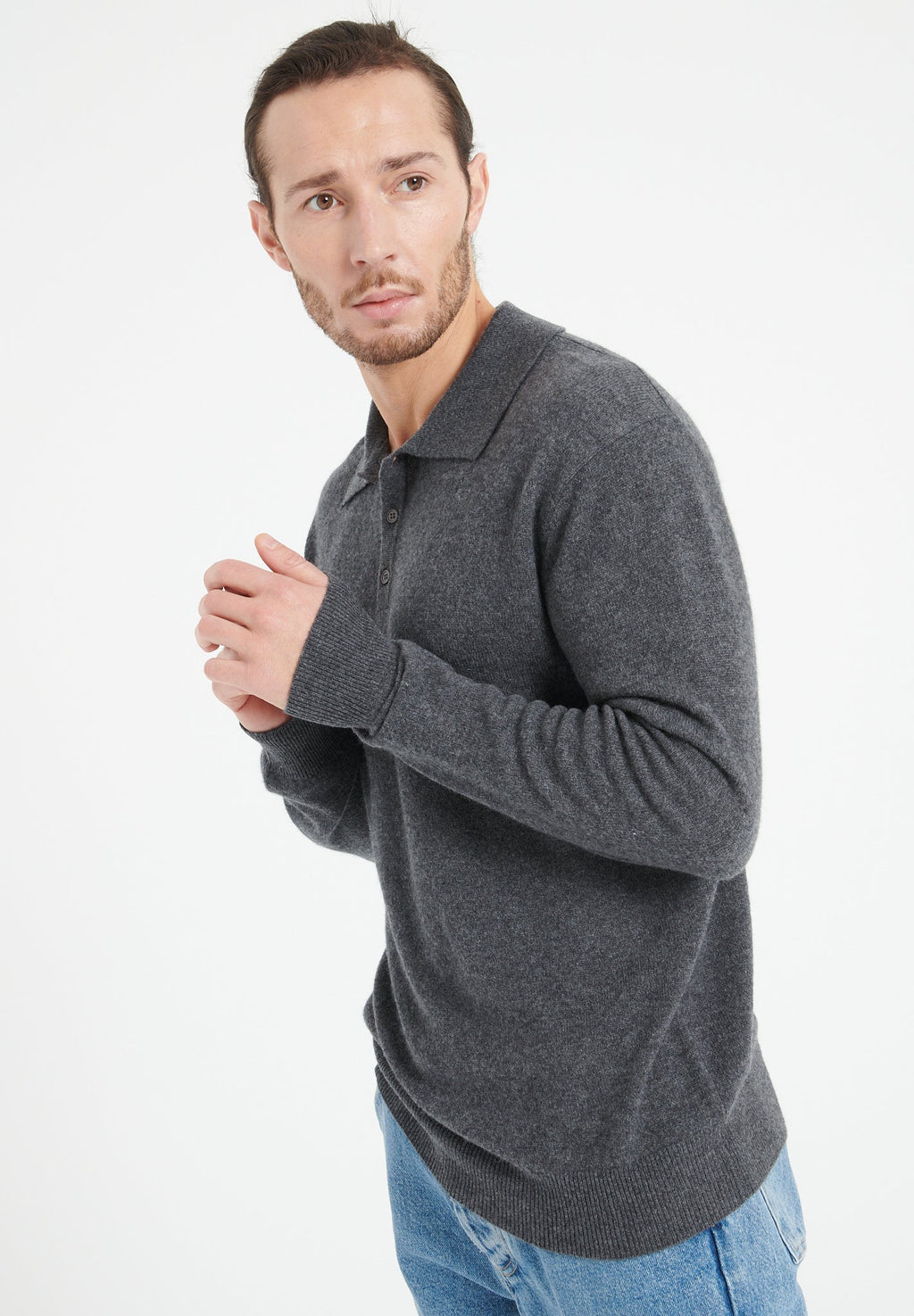 LUKE 5 Long-sleeve cashmere polo shirt charcoal grey