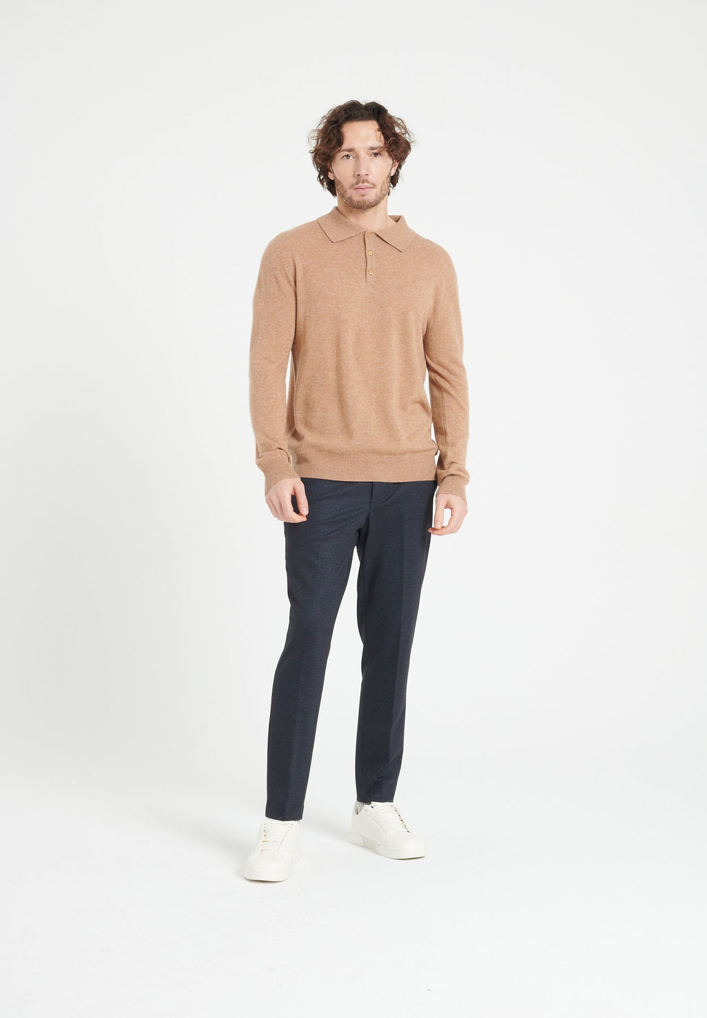 LUKE 5 Camel cashmere long-sleeve polo shirt