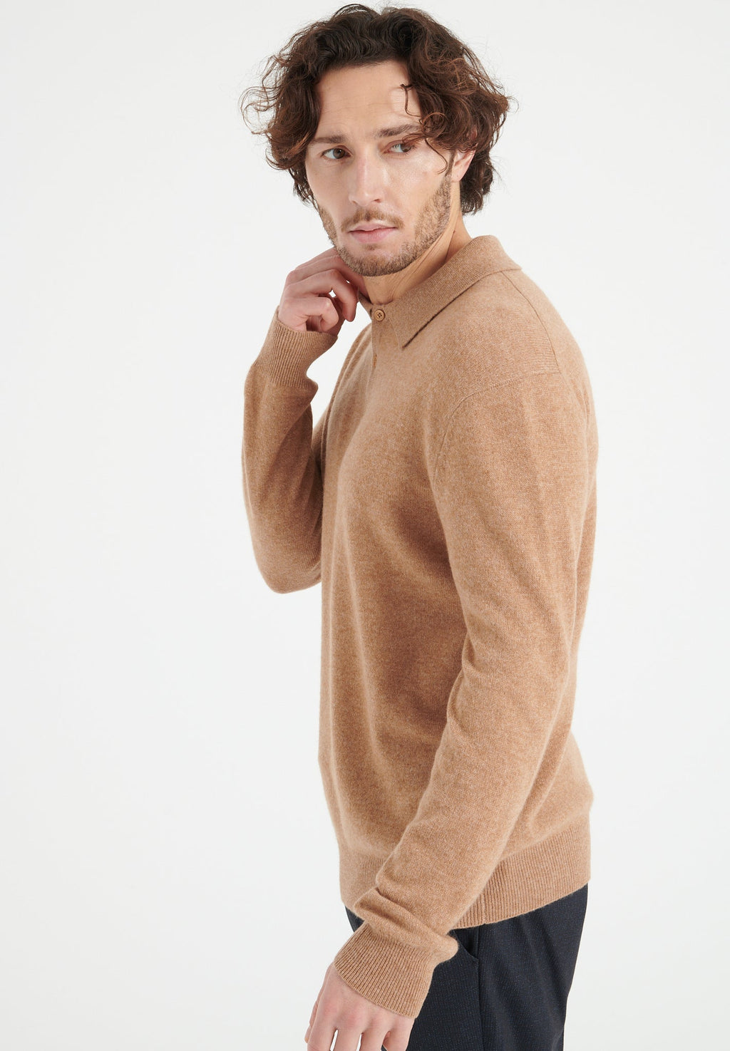 LUKE 5 Camel cashmere long-sleeve polo shirt