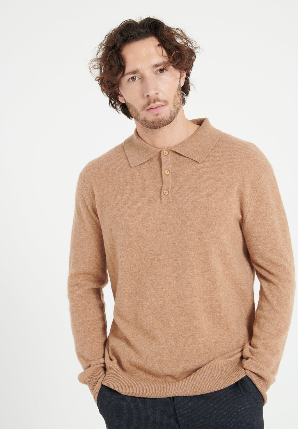 LUKE 5 Camel cashmere long-sleeve polo shirt