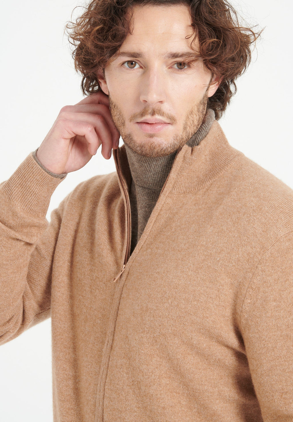 LUKE 8 Camel cashmere zip cardigan