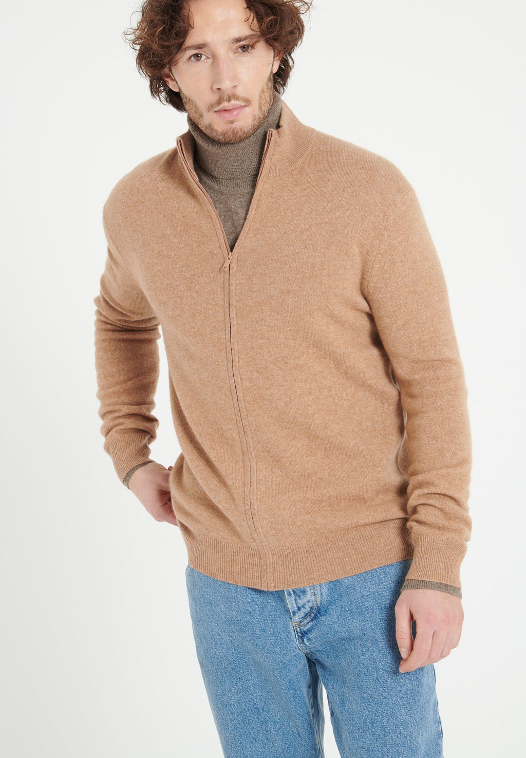 LUKE 8 Camel cashmere zip cardigan