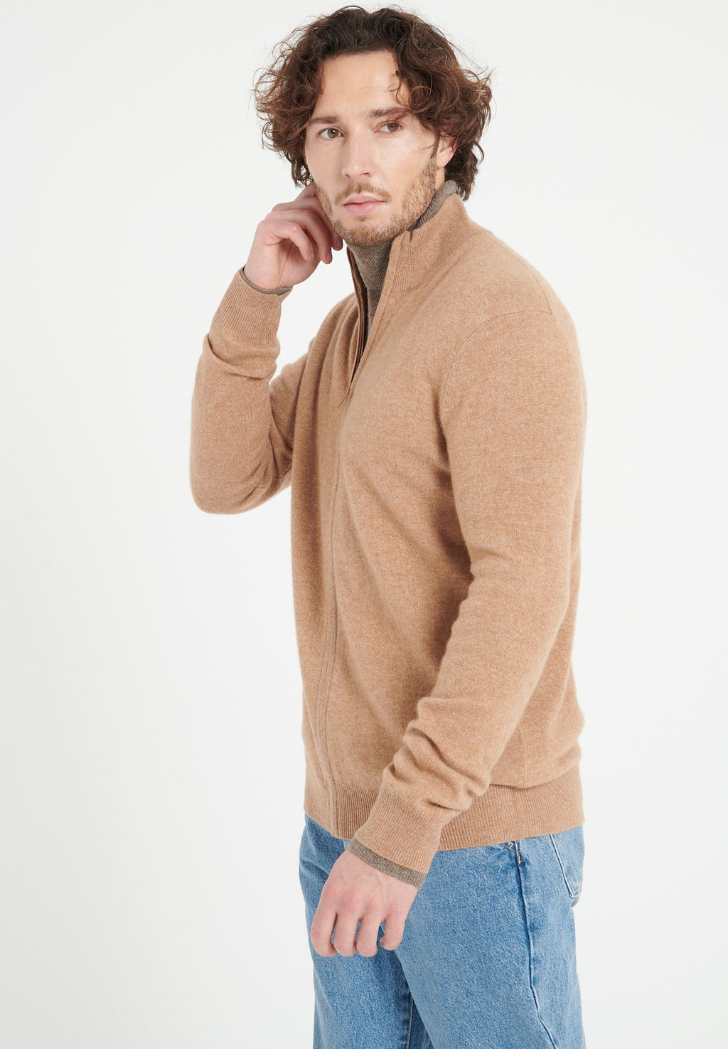 LUKE 8 Camel cashmere zip cardigan