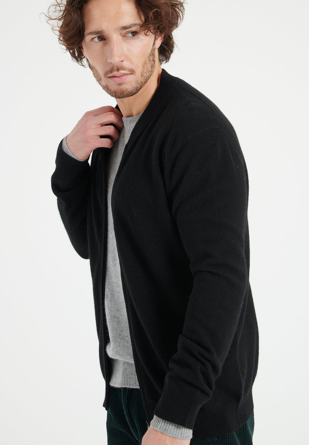 LUKE 10 Cashmere bomber neck cardigan in black