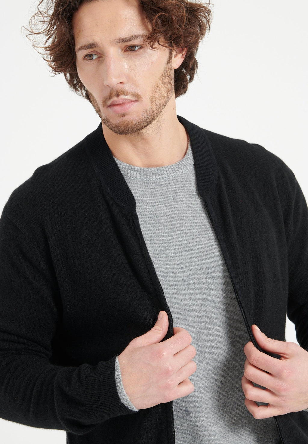 LUKE 10 Cashmere bomber neck cardigan in black