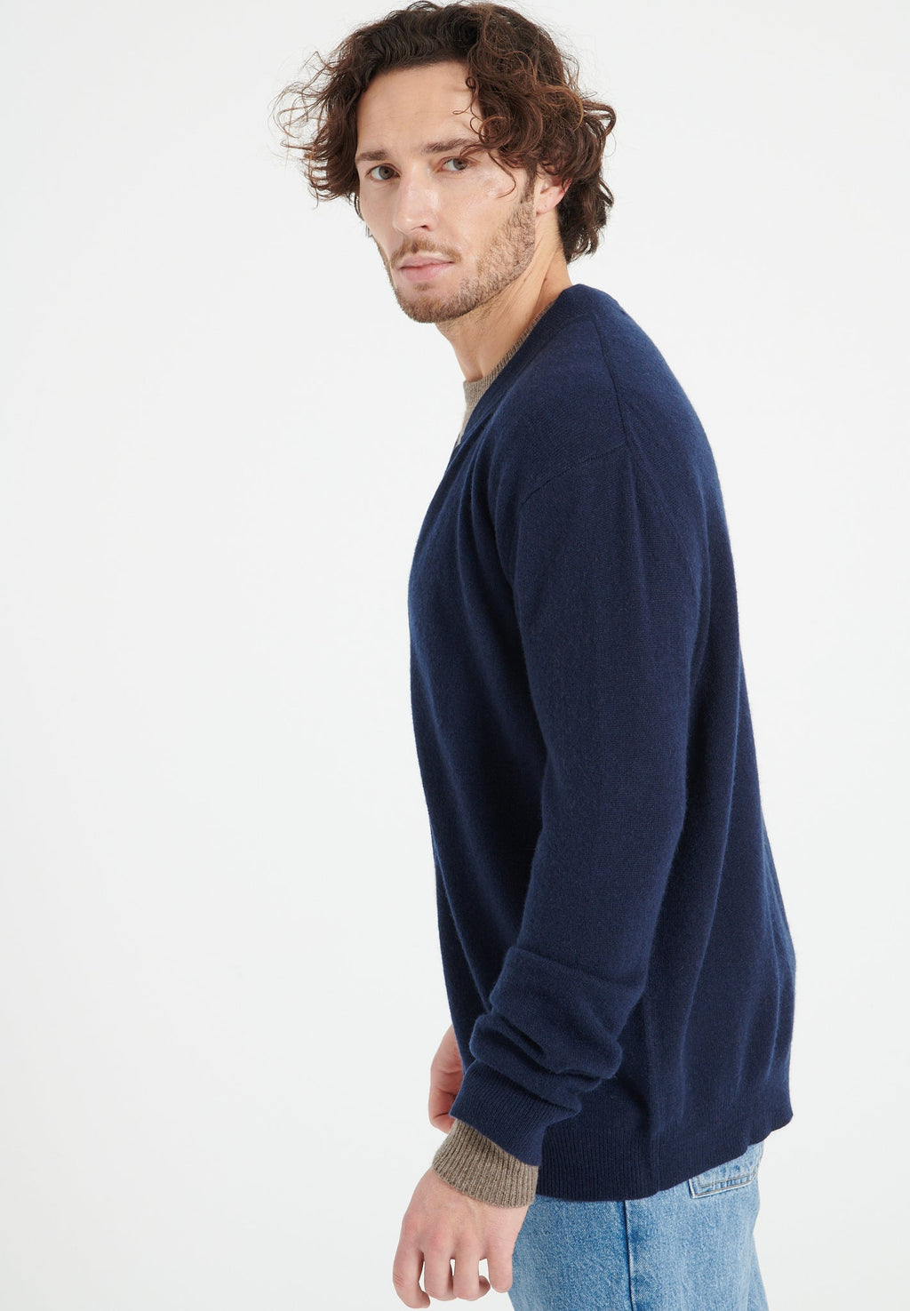 LUKE 10 Cashmere bomber neck cardigan in navy blue