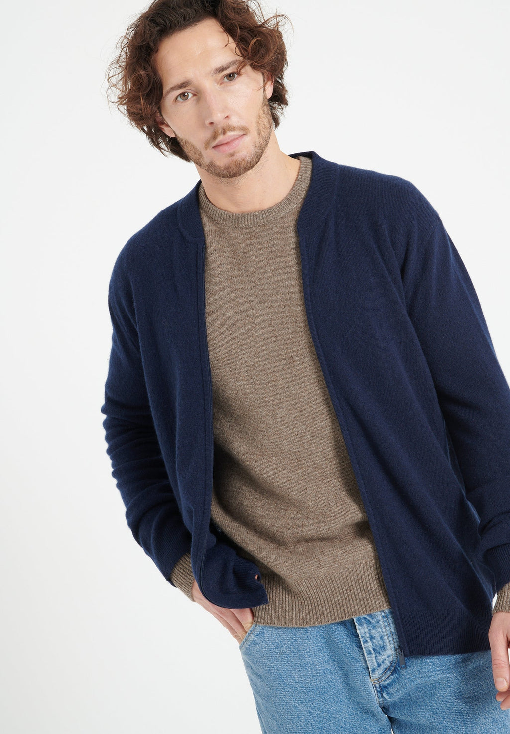 LUKE 10 Cashmere bomber neck cardigan in navy blue