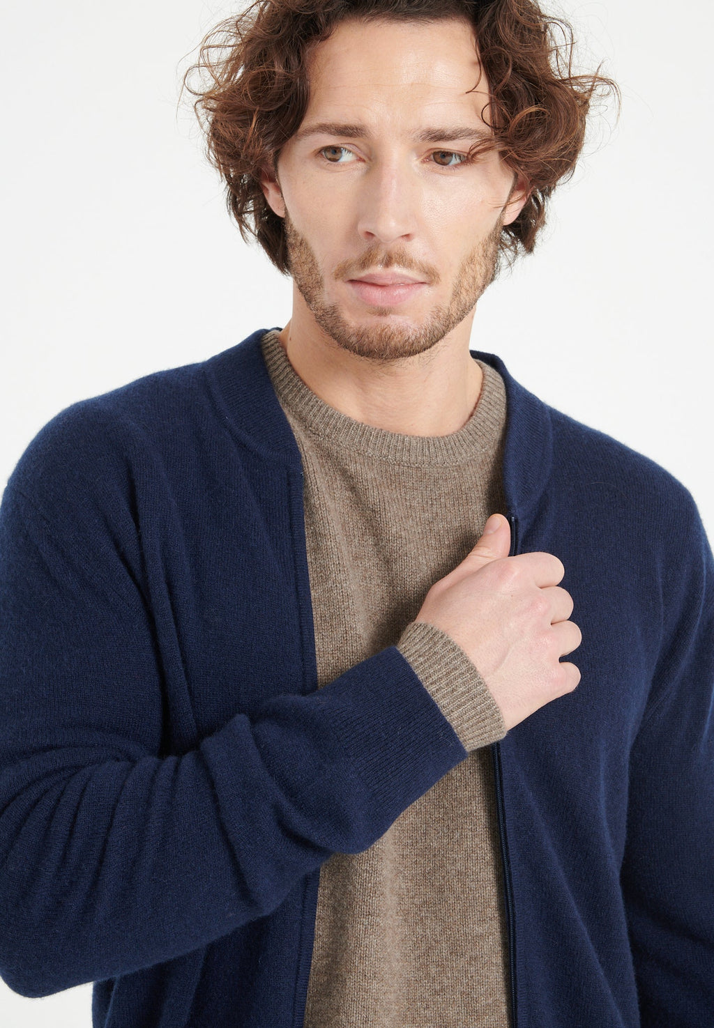 LUKE 10 Cashmere bomber neck cardigan in navy blue