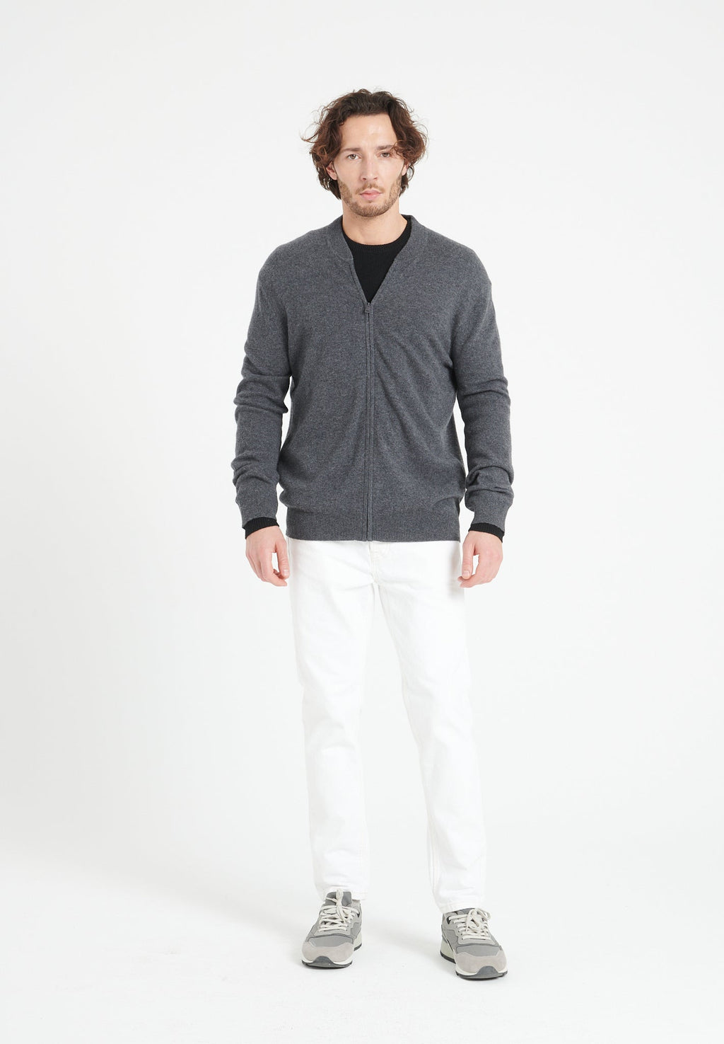 LUKE 10 Cashmere bomber neck cardigan in anthracite grey