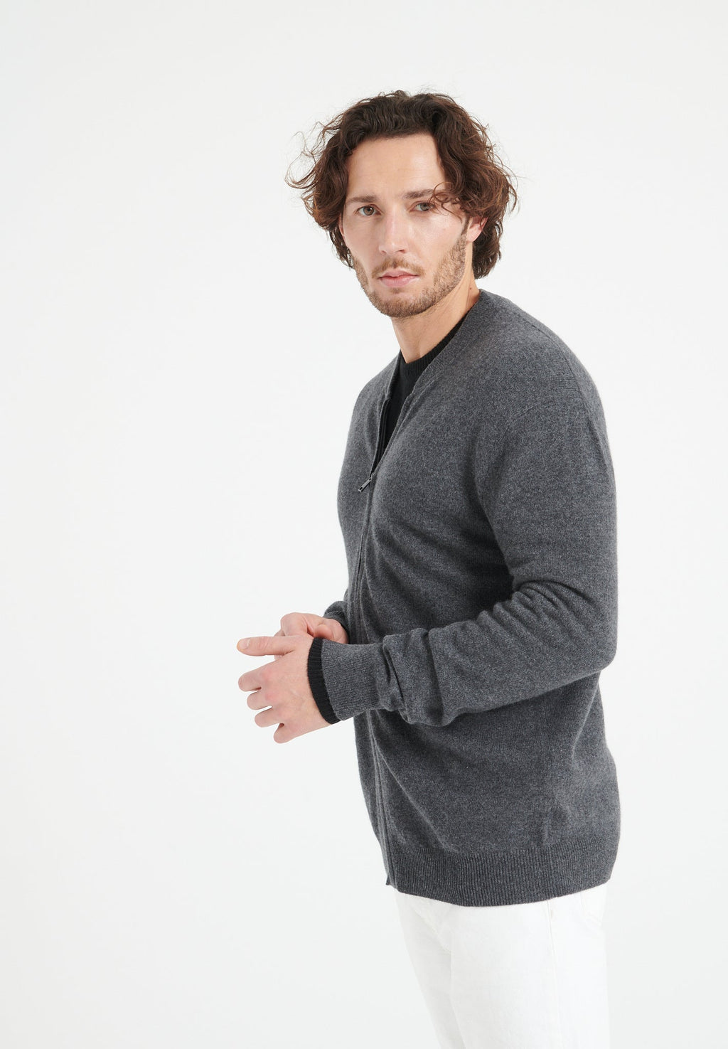 LUKE 10 Cashmere bomber neck cardigan in anthracite grey