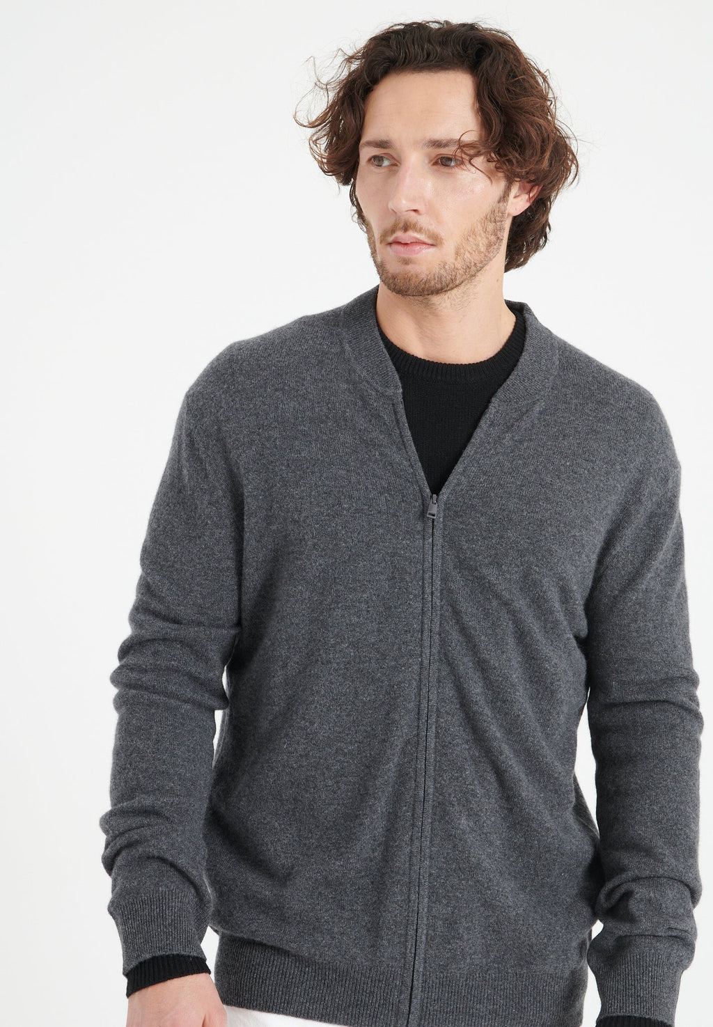 LUKE 10 Cashmere bomber neck cardigan in anthracite grey