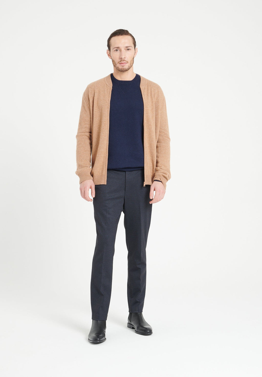 LUKE 10 Cashmere bomber neck cardigan in camel