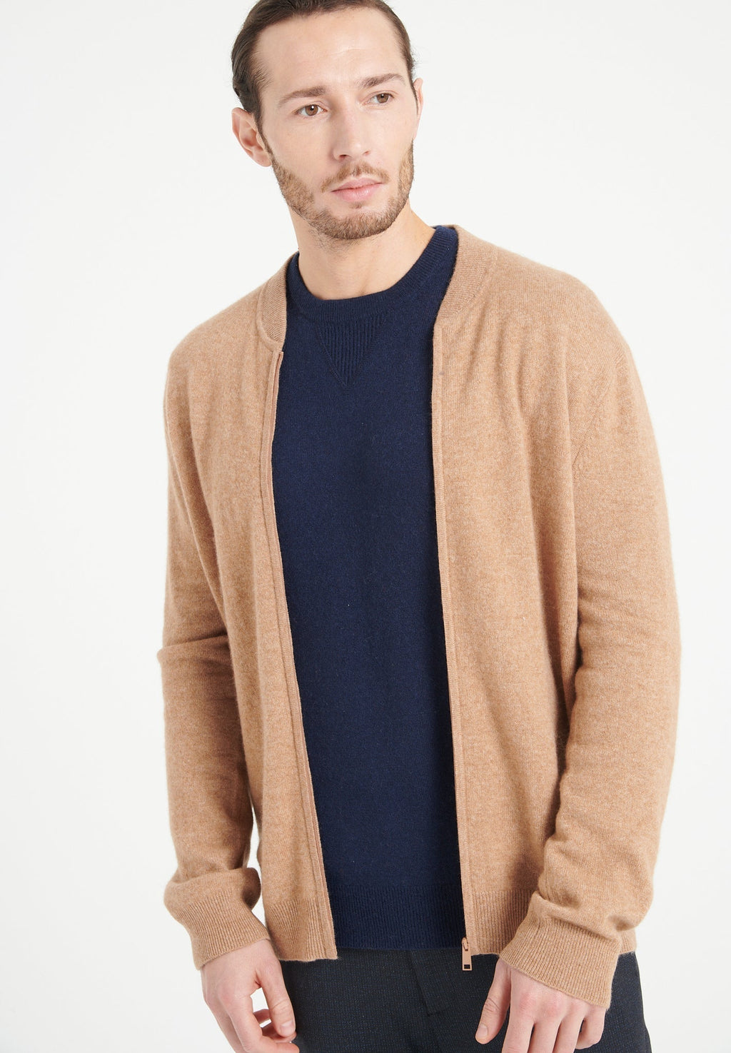 LUKE 10 Cashmere bomber neck cardigan in camel