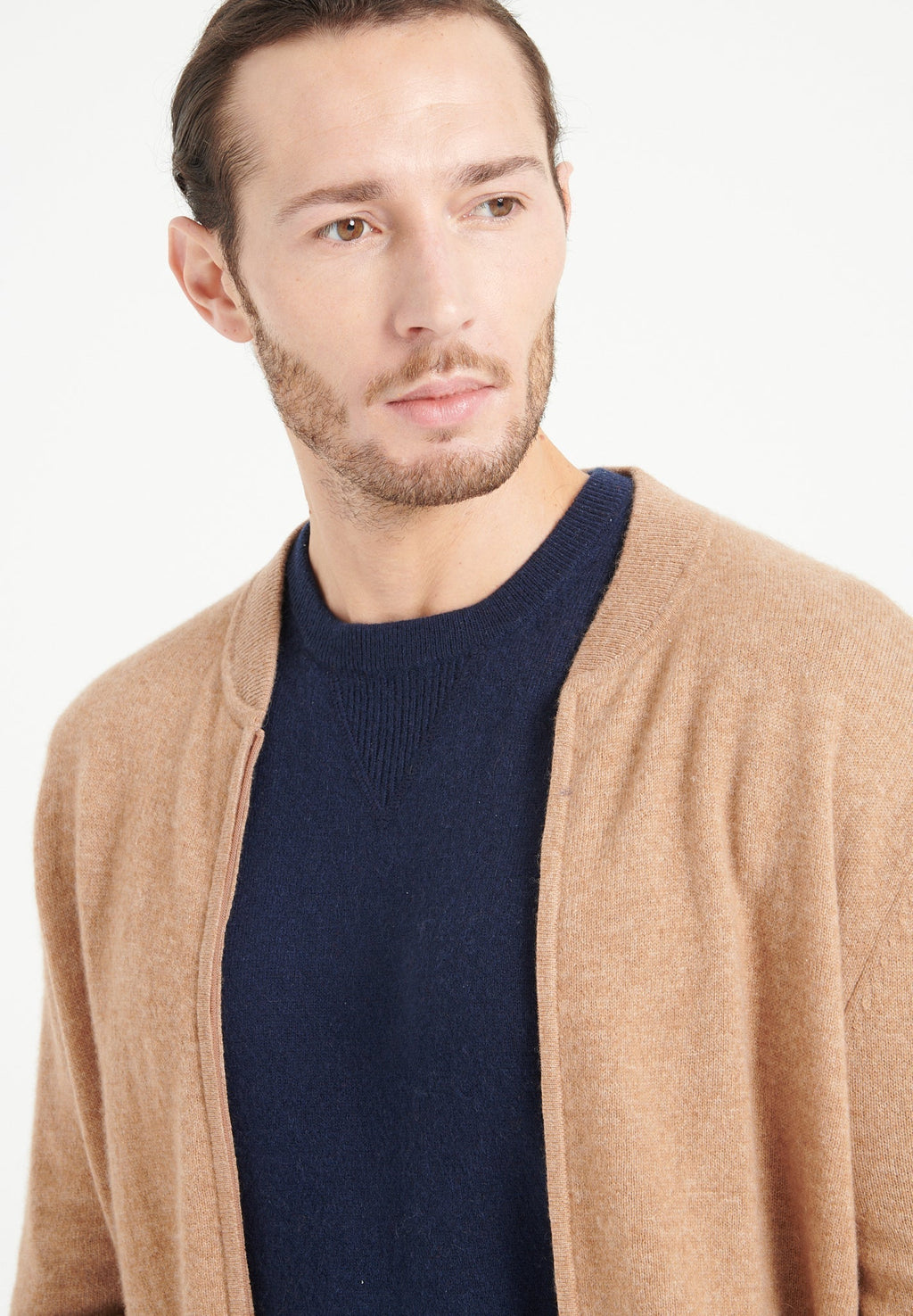 LUKE 10 Cashmere bomber neck cardigan in camel