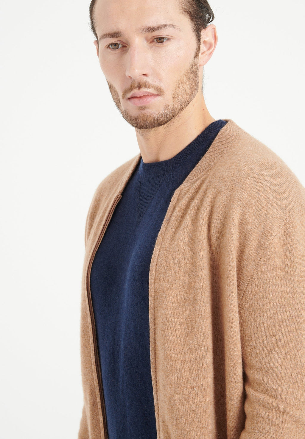 LUKE 10 Cashmere bomber neck cardigan in camel