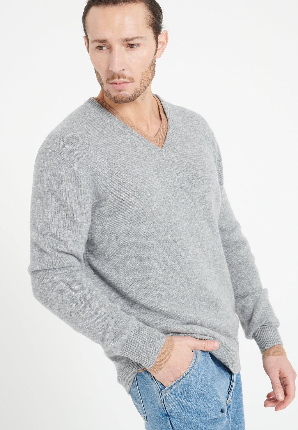 LUKE 13 4-thread cashmere V-neck sweater light grey