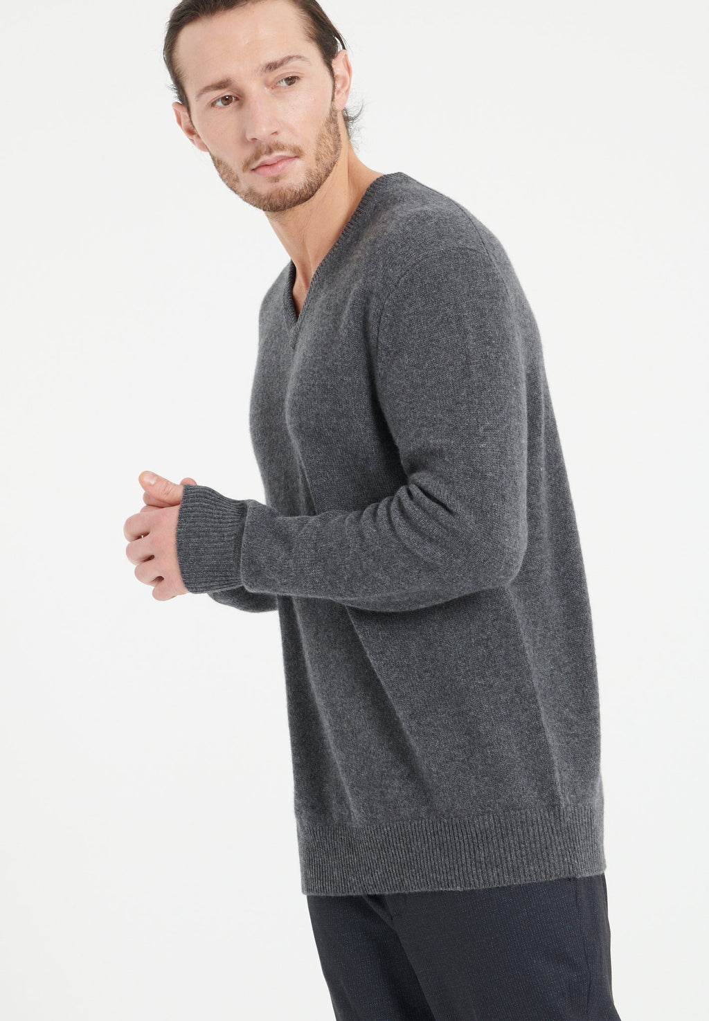 LUKE 13 4-thread cashmere V-neck sweater charcoal grey