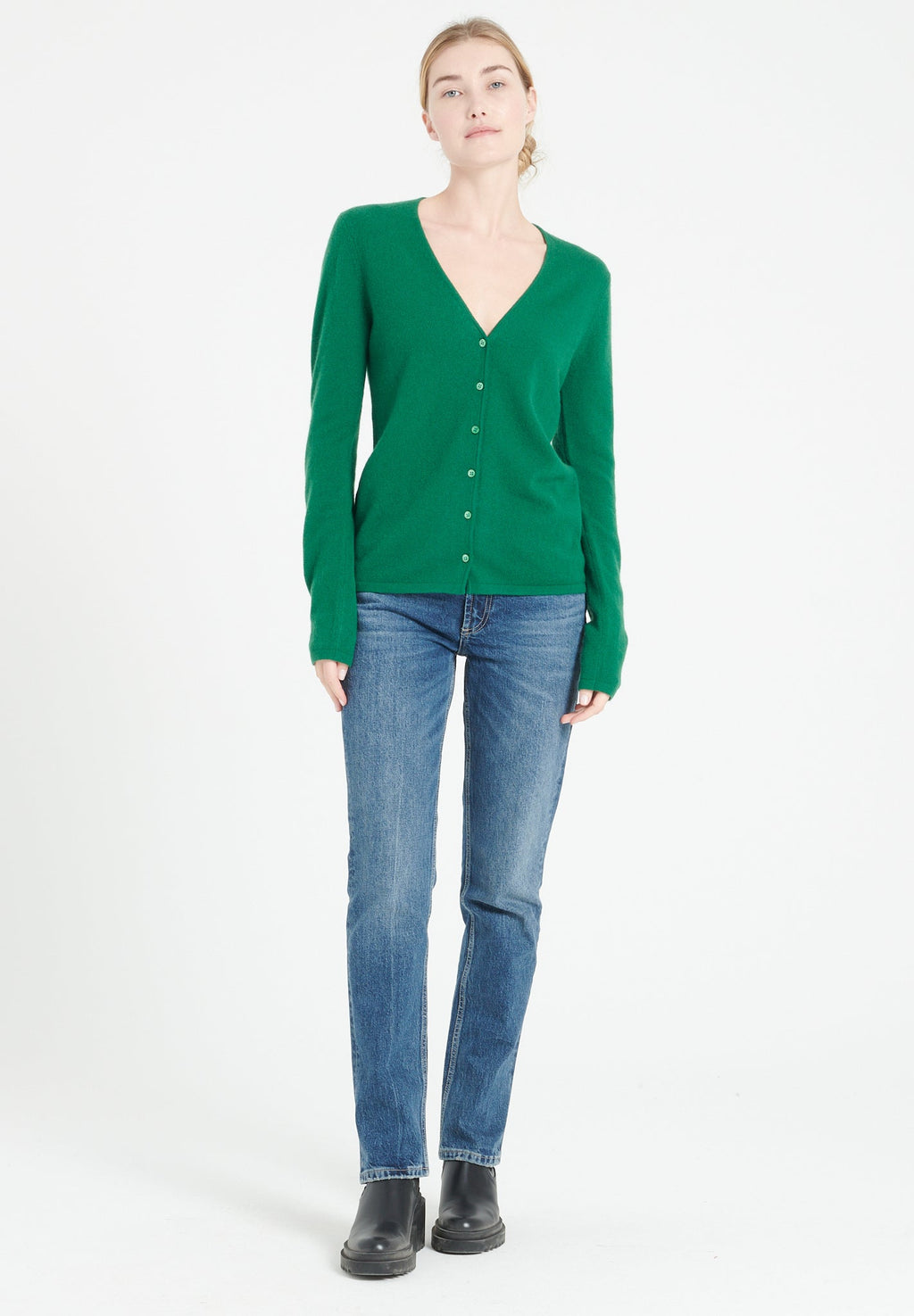 LILLY 7 V-neck cashmere cardigan, curved, emerald green