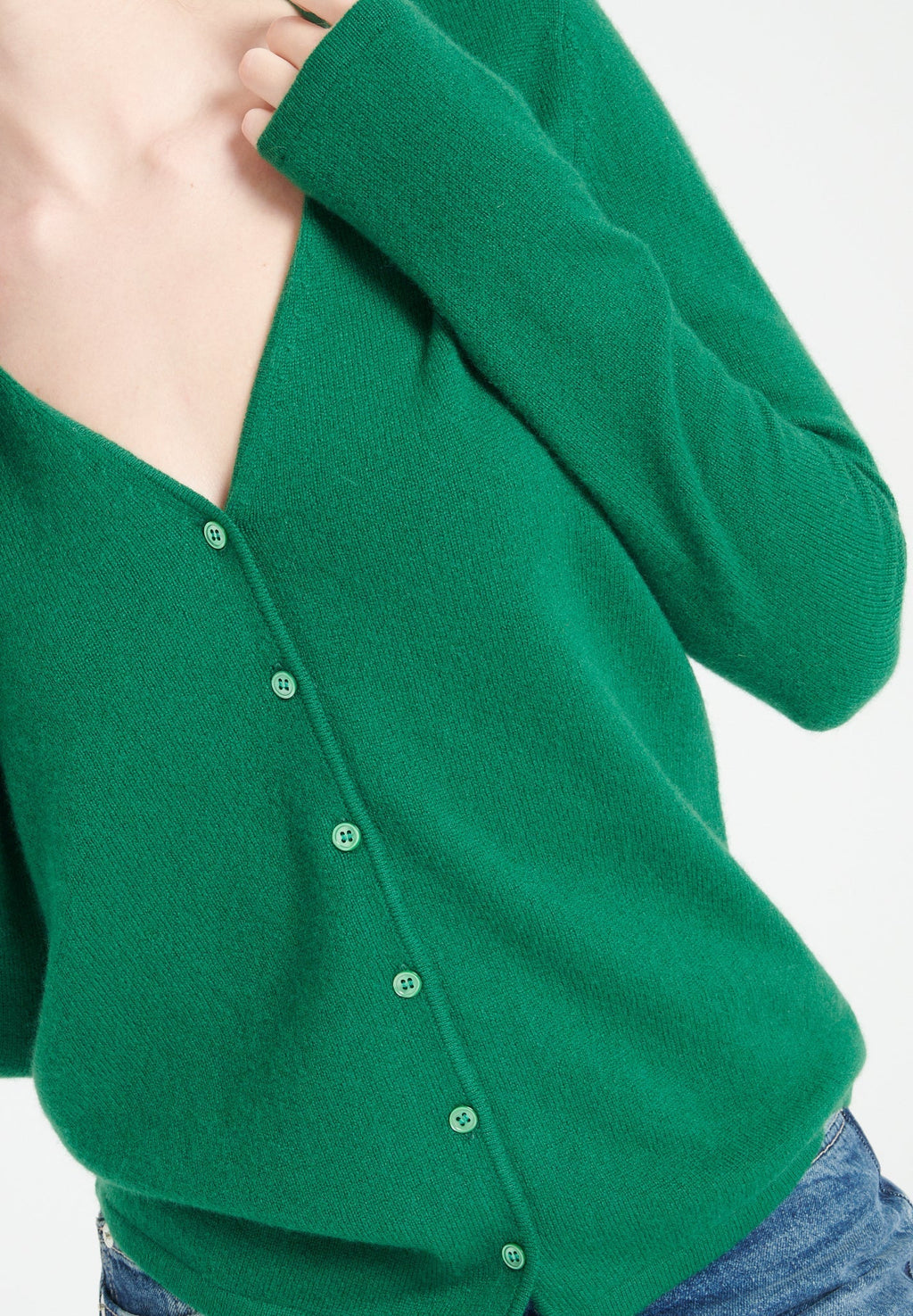 LILLY 7 V-neck cashmere cardigan, curved, emerald green