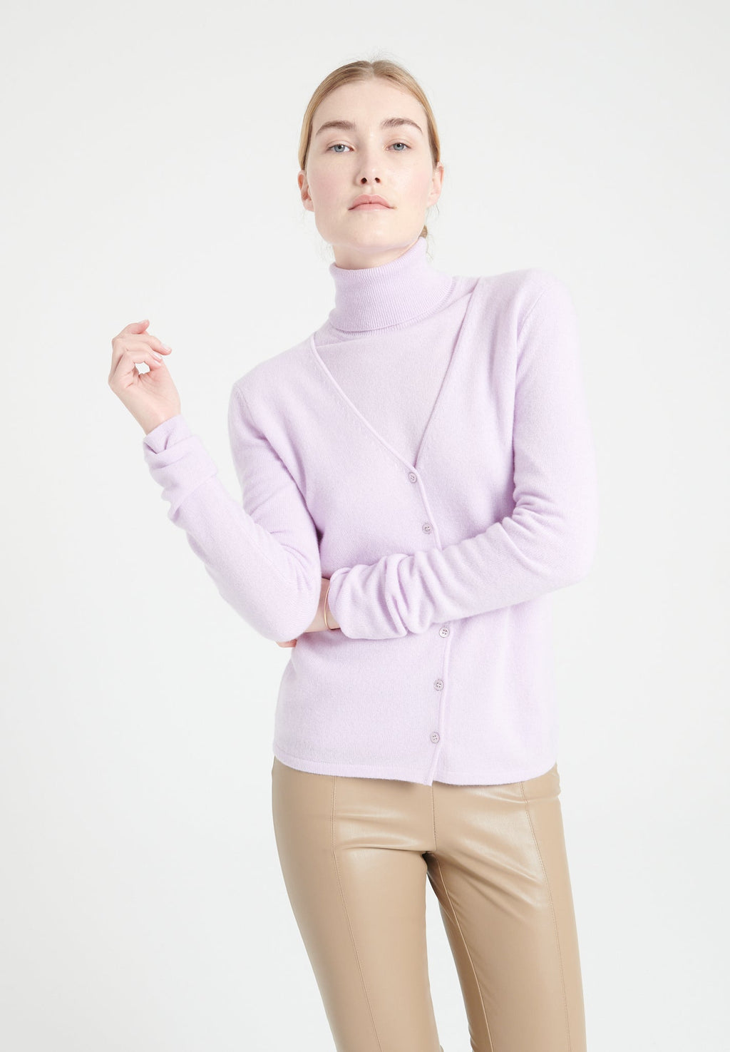 LILLY 7 V-neck cashmere cardigan, curved, lilac