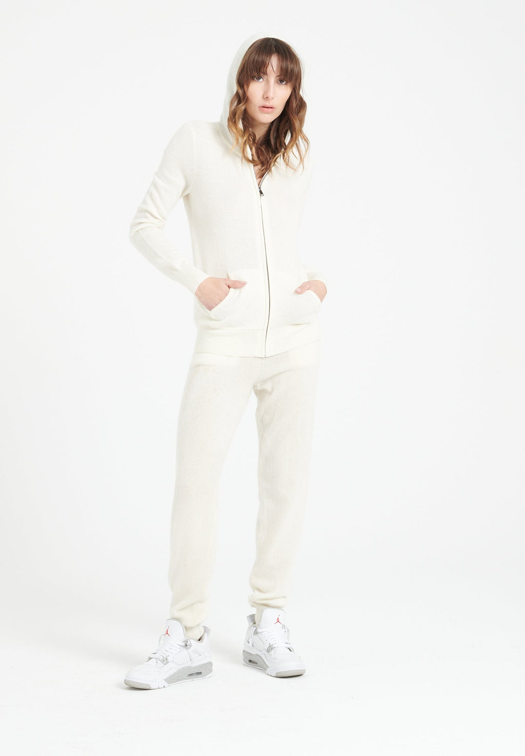 LILLY 8 Zipped cashmere hoodie ecru white