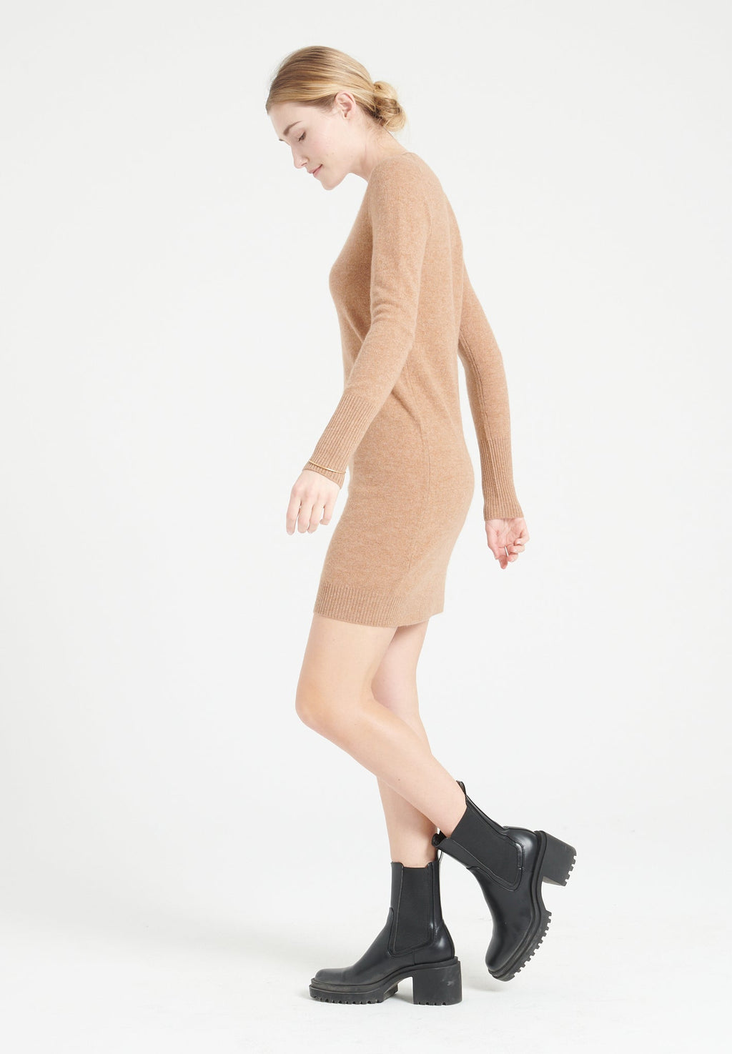 LILLY 12 Camel cashmere round-neck dress