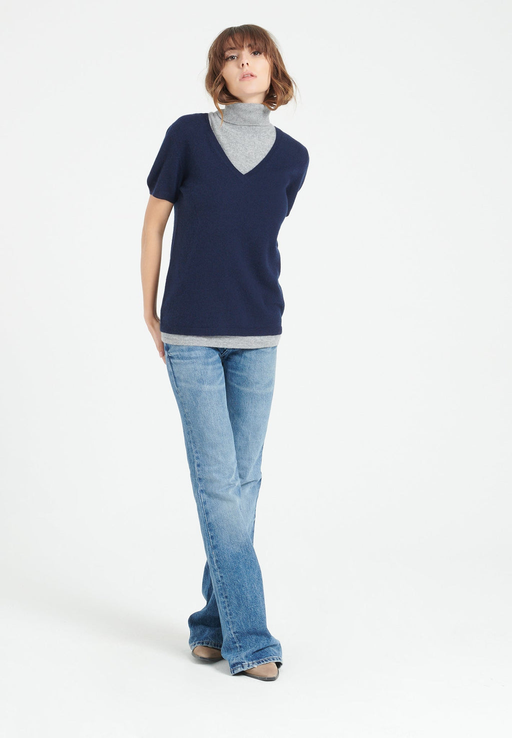 LILLY 14 Short-sleeved cashmere V-neck T-shirt navy blue