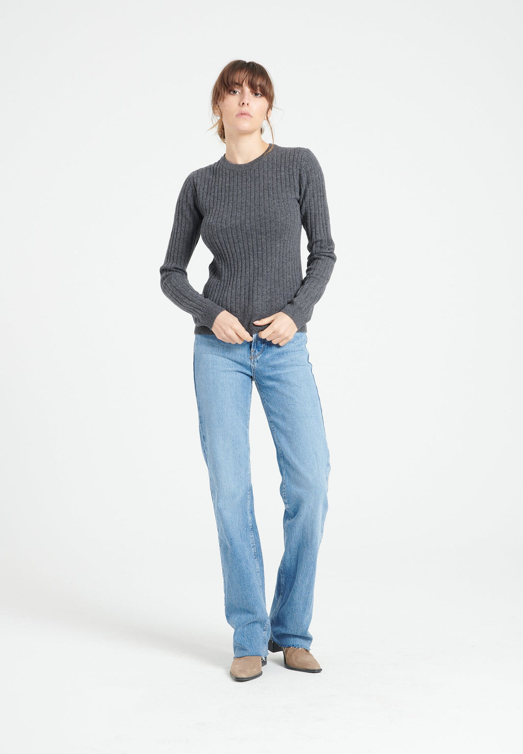 LILLY 16 Round-neck cashmere ribbed sweater charcoal grey