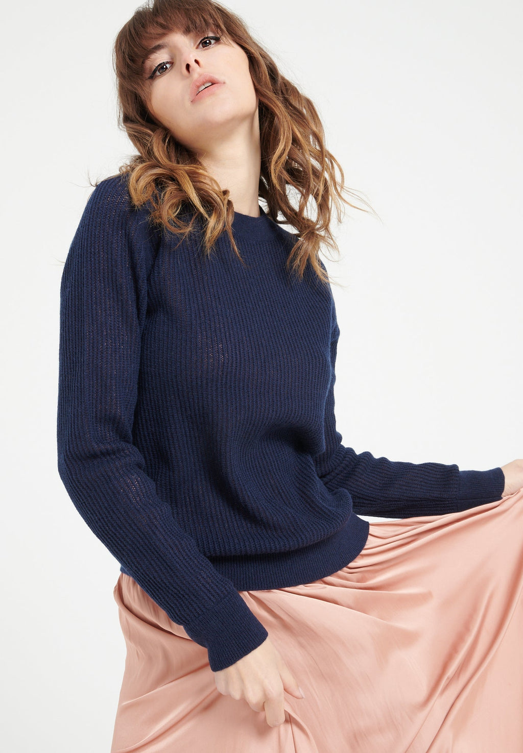 LILLY 23 Round-neck cashmere pointelle sweater navy blue