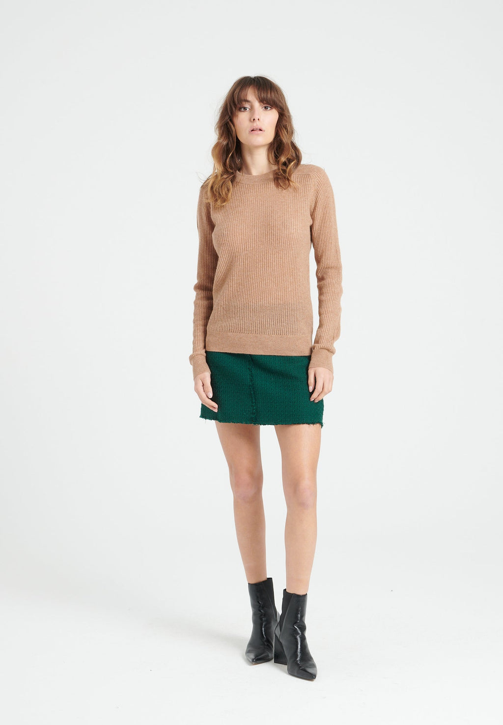 LILLY 23 Round-neck cashmere pointelle sweater in camel