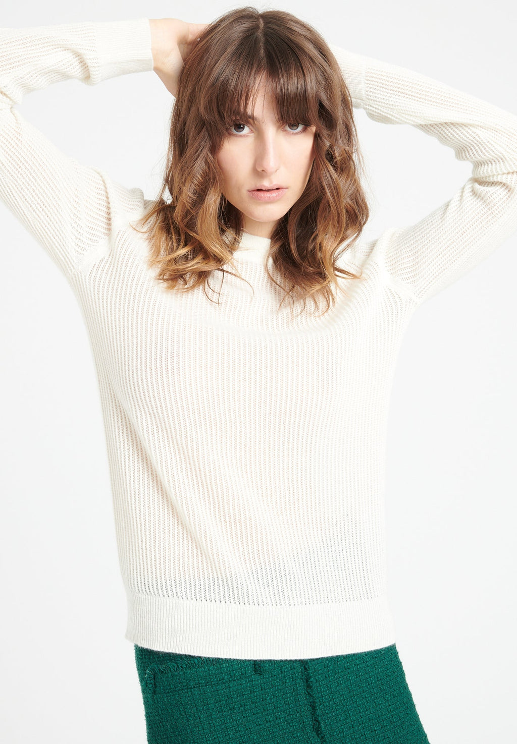 LILLY 23 Round-neck cashmere pointelle sweater ecru white