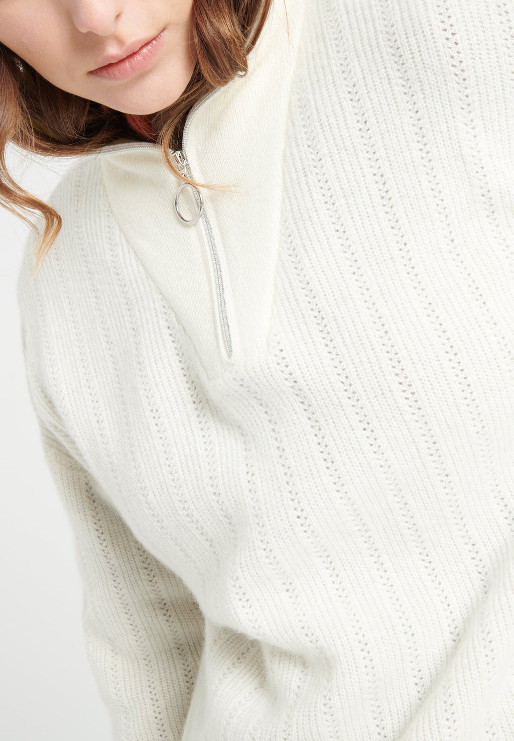 LILLY 28 Ecru White Cashmere rib-knit zip-up funnel neck sweater