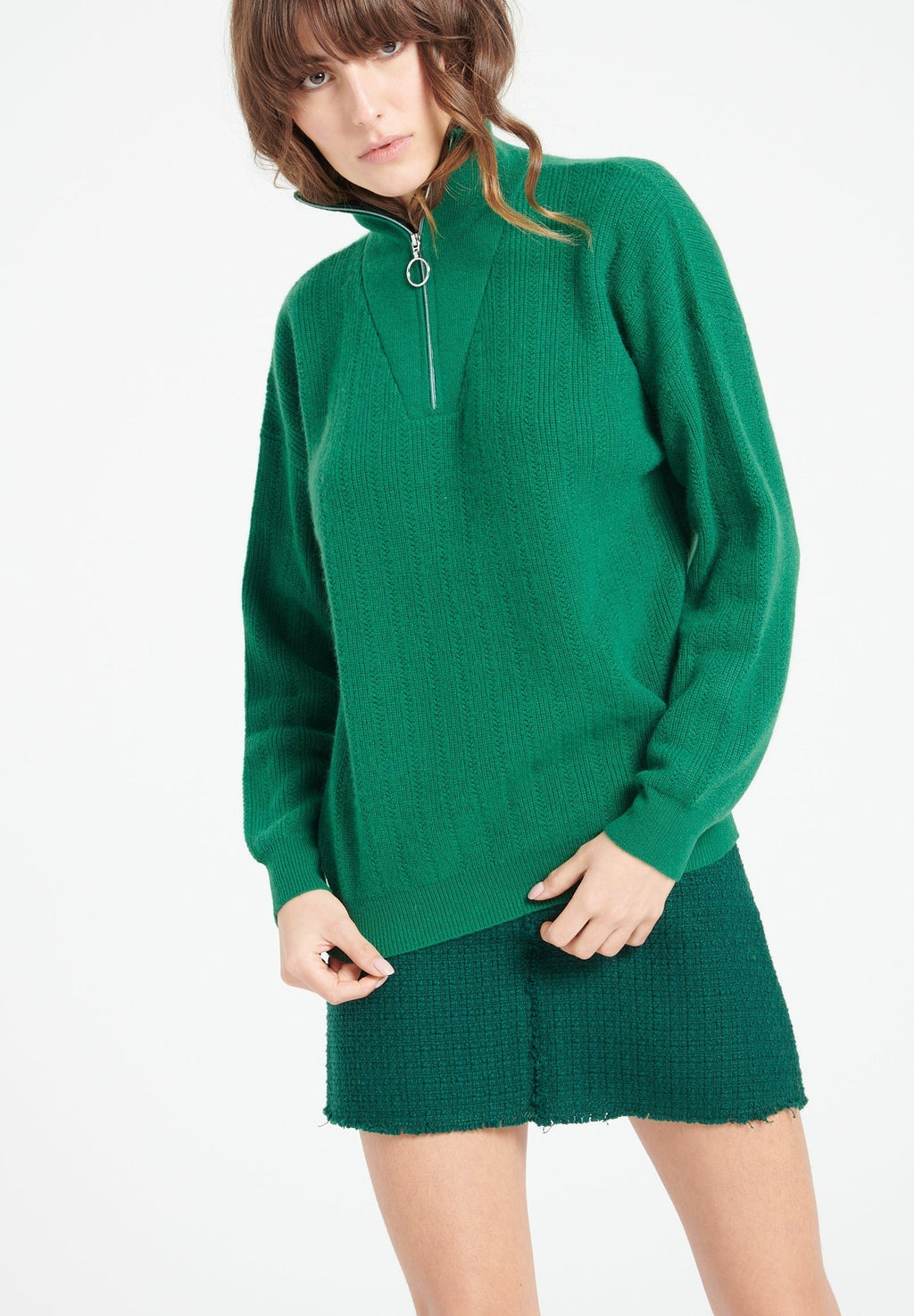 LILLY 28 Emerald green cashmere rib-knit zip-up funnel-neck sweater