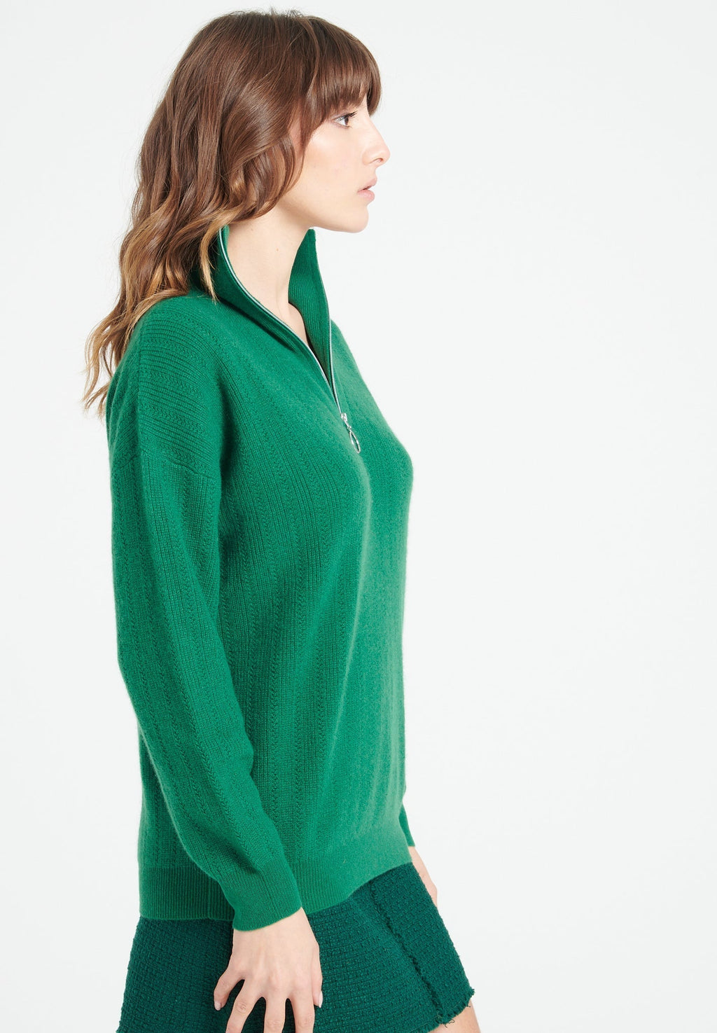 LILLY 28 Emerald green cashmere rib-knit zip-up funnel-neck sweater