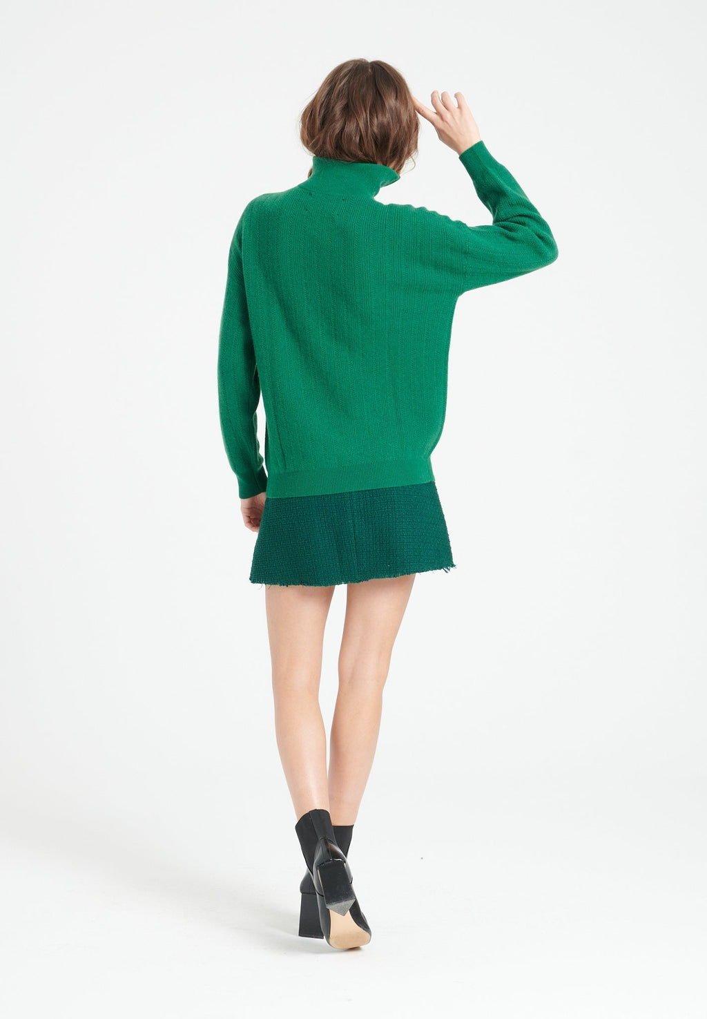 LILLY 28 Emerald green cashmere rib-knit zip-up funnel-neck sweater