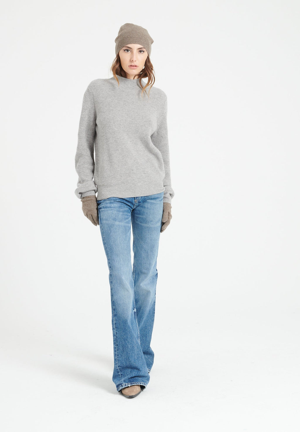 MIA 1 Cashmere rib knit stand-up collar sweater light grey