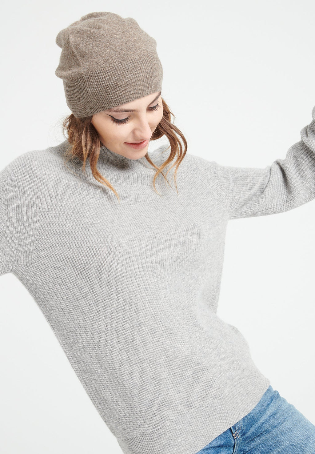 MIA 1 Cashmere rib knit stand-up collar sweater light grey