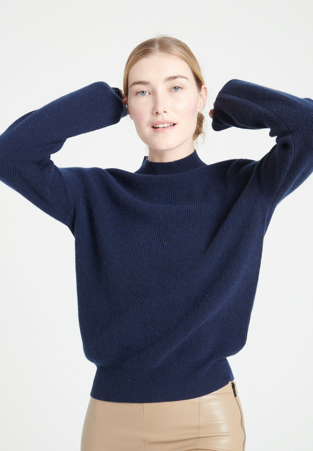 MIA 1 Cashmere rib knit stand-up collar sweater navy blue