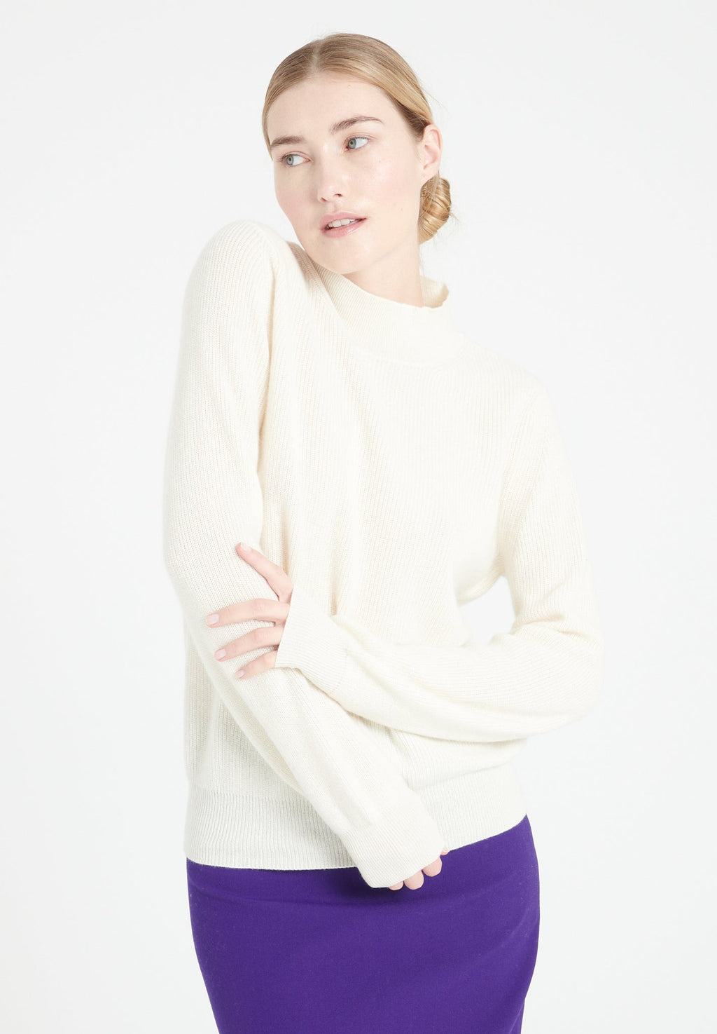 MIA 1 Cashmere rib knit stand-up collar sweater ecru white