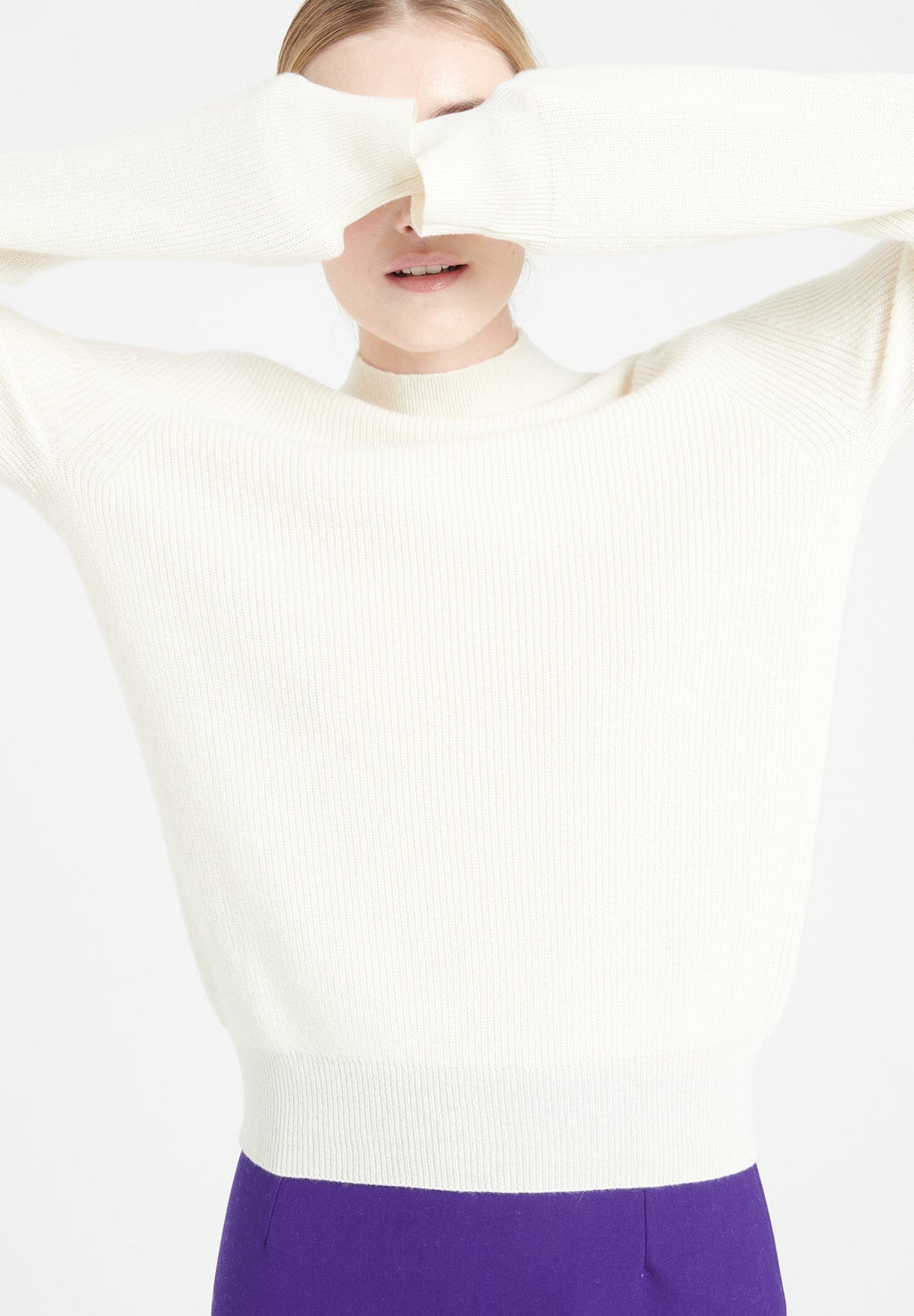 MIA 1 Cashmere rib knit stand-up collar sweater ecru white