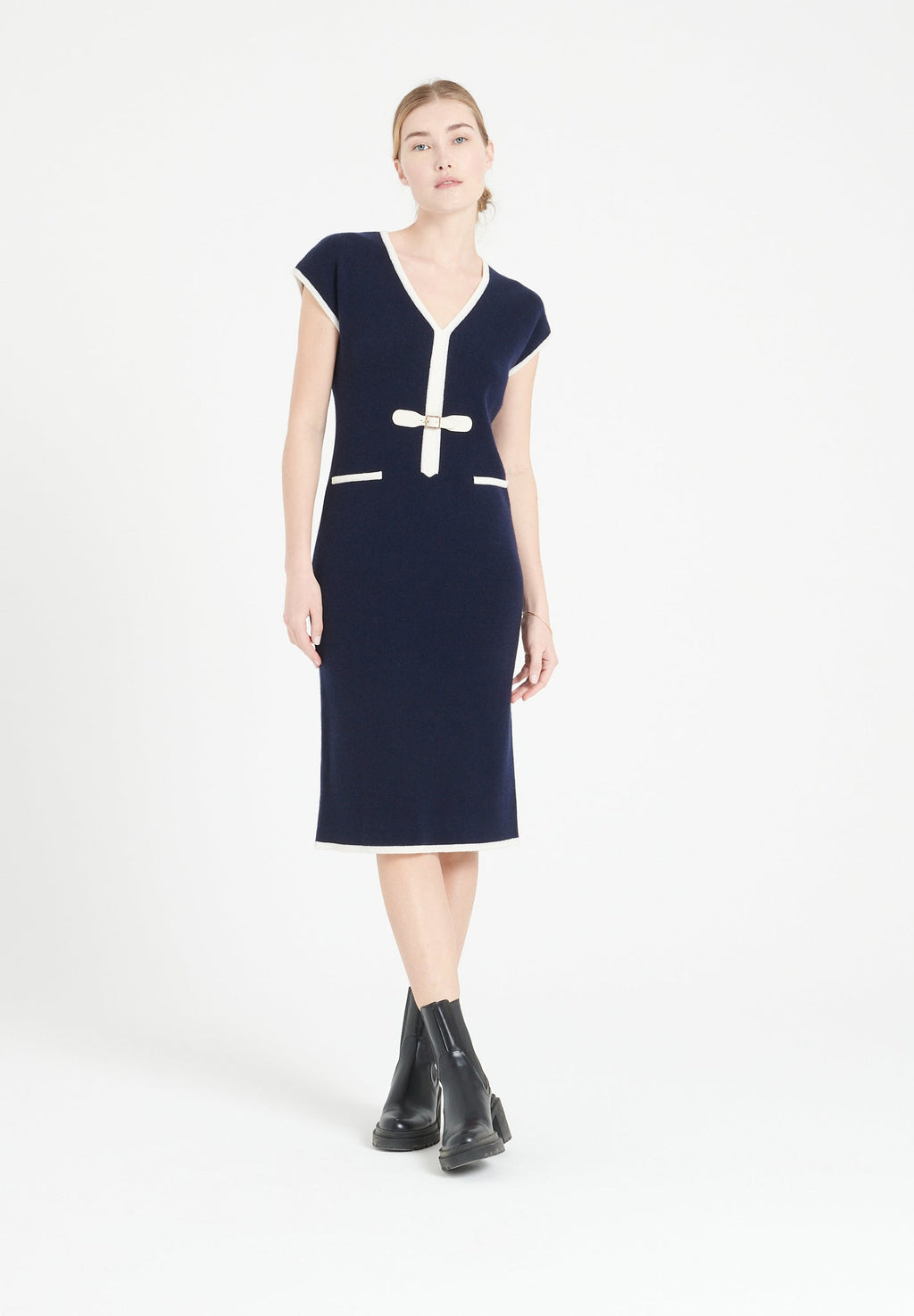 MIA 2 V-neck cashmere midi dress in milano knit navy blue