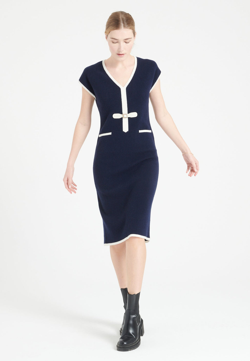 MIA 2 V-neck cashmere midi dress in milano knit navy blue