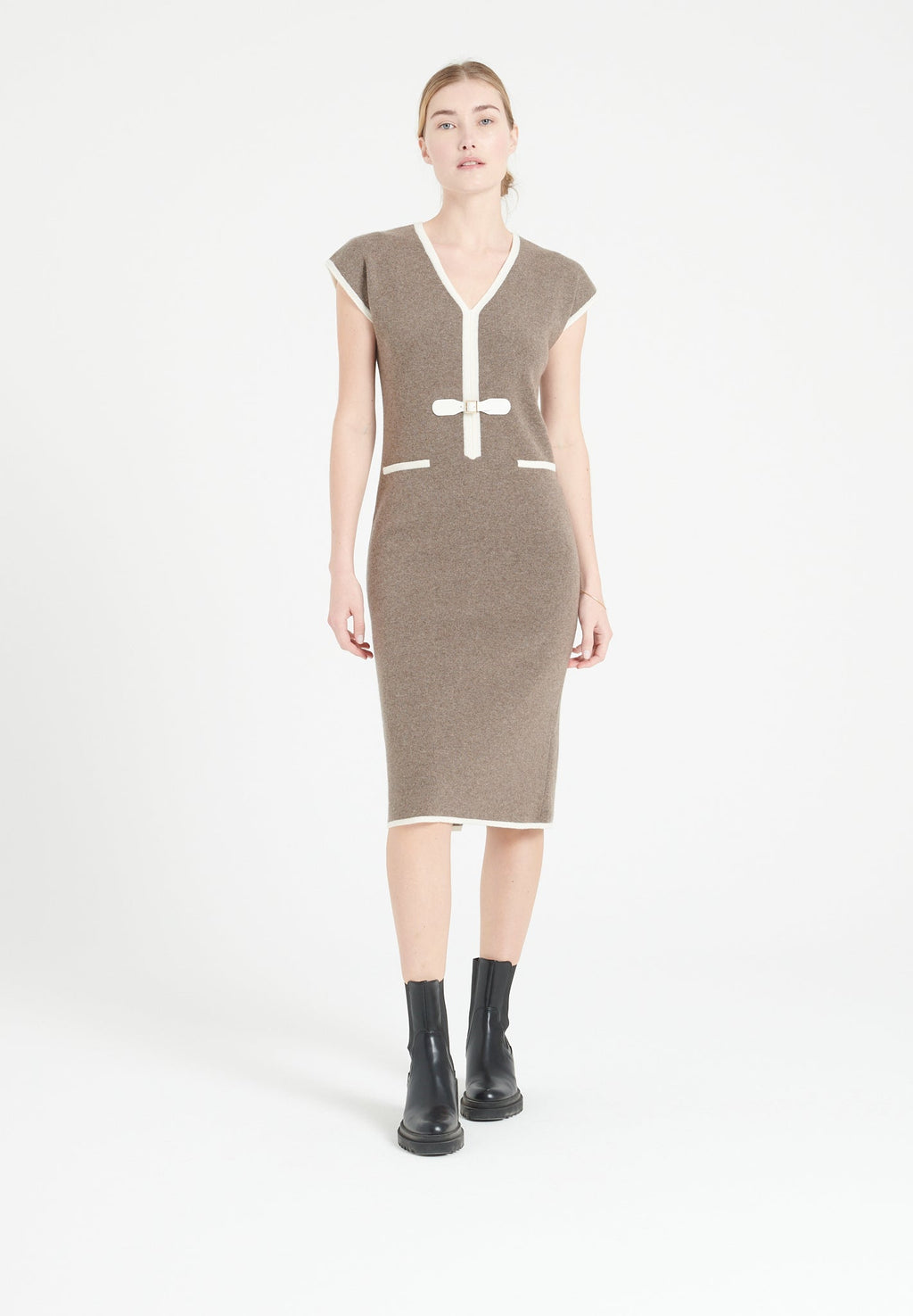 MIA 2 Cashmere V-neck midi dress in taupe milano knit